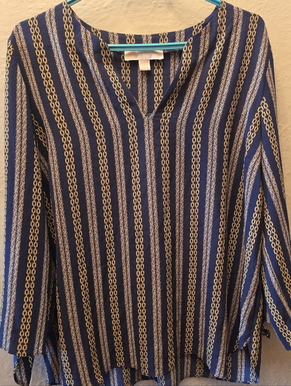 MICHAEL Michael Kors XL Navy Gold Chain Print Tie Sleeve V Neck Blouse
